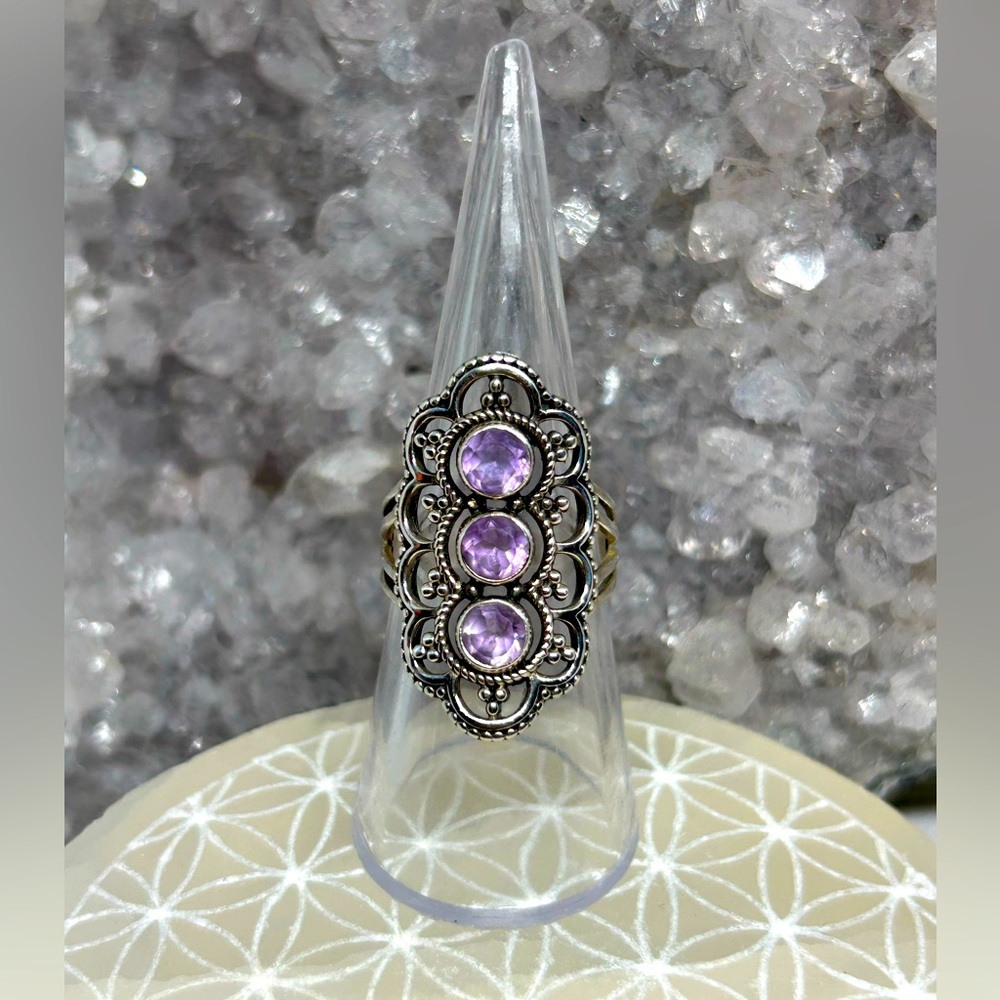 Triple Amethyst Gemstone Silver Ring - image 1